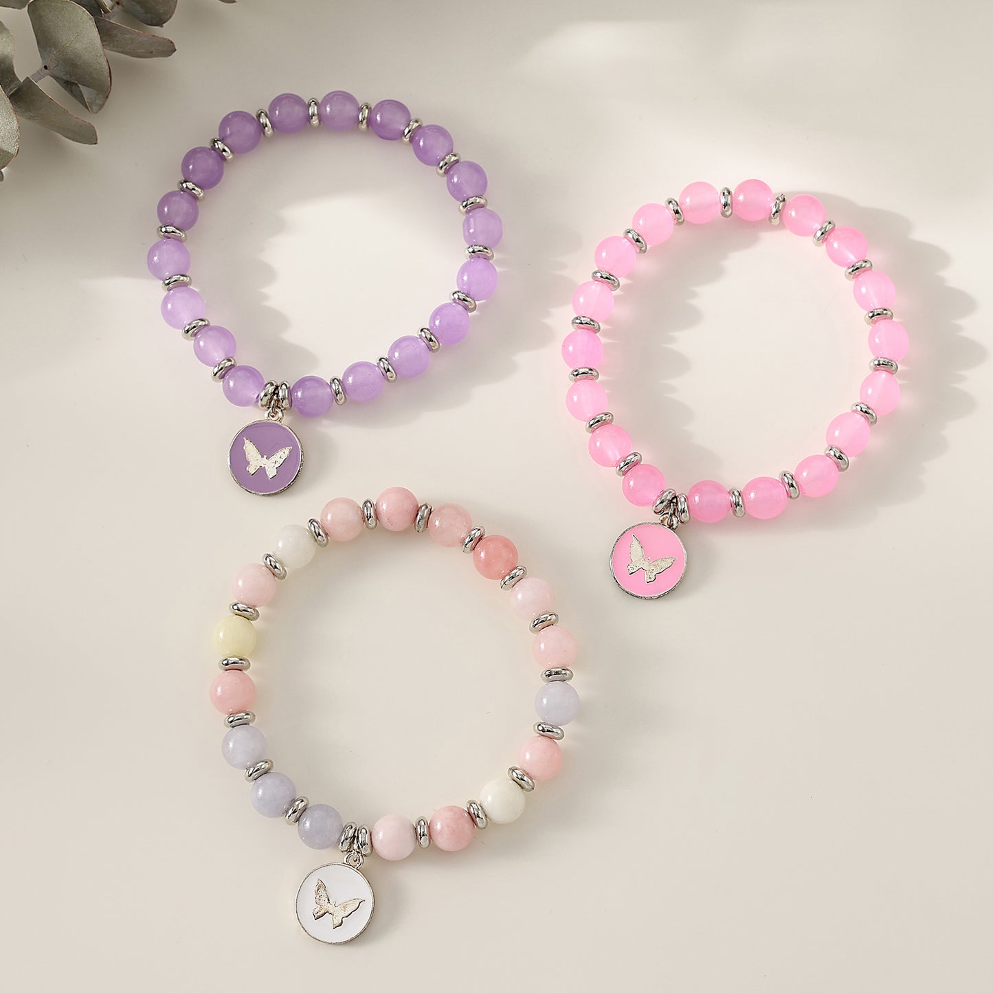 1 pc Bohemian Pastel Crystal Bracelet with Butterfly Charms for Women & Girls - Birthday, Mother's Day & Valentine's Day Gift (Pink, Lavender, White Variations)