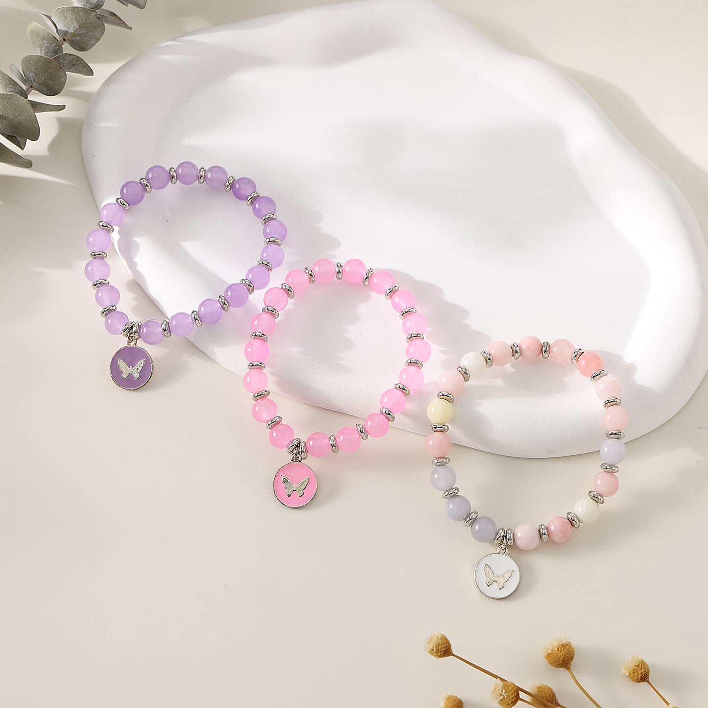 1 pc Bohemian Pastel Crystal Bracelet with Butterfly Charms for Women & Girls - Birthday, Mother's Day & Valentine's Day Gift (Pink, Lavender, White Variations)