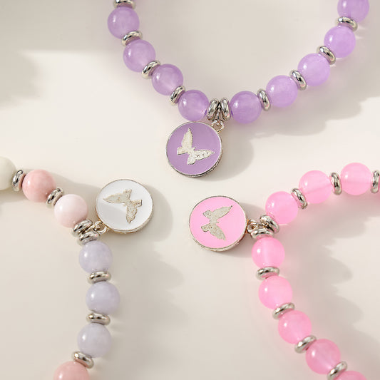 1 pc Bohemian Pastel Crystal Bracelet with Butterfly Charms for Women & Girls - Birthday, Mother's Day & Valentine's Day Gift (Pink, Lavender, White Variations)