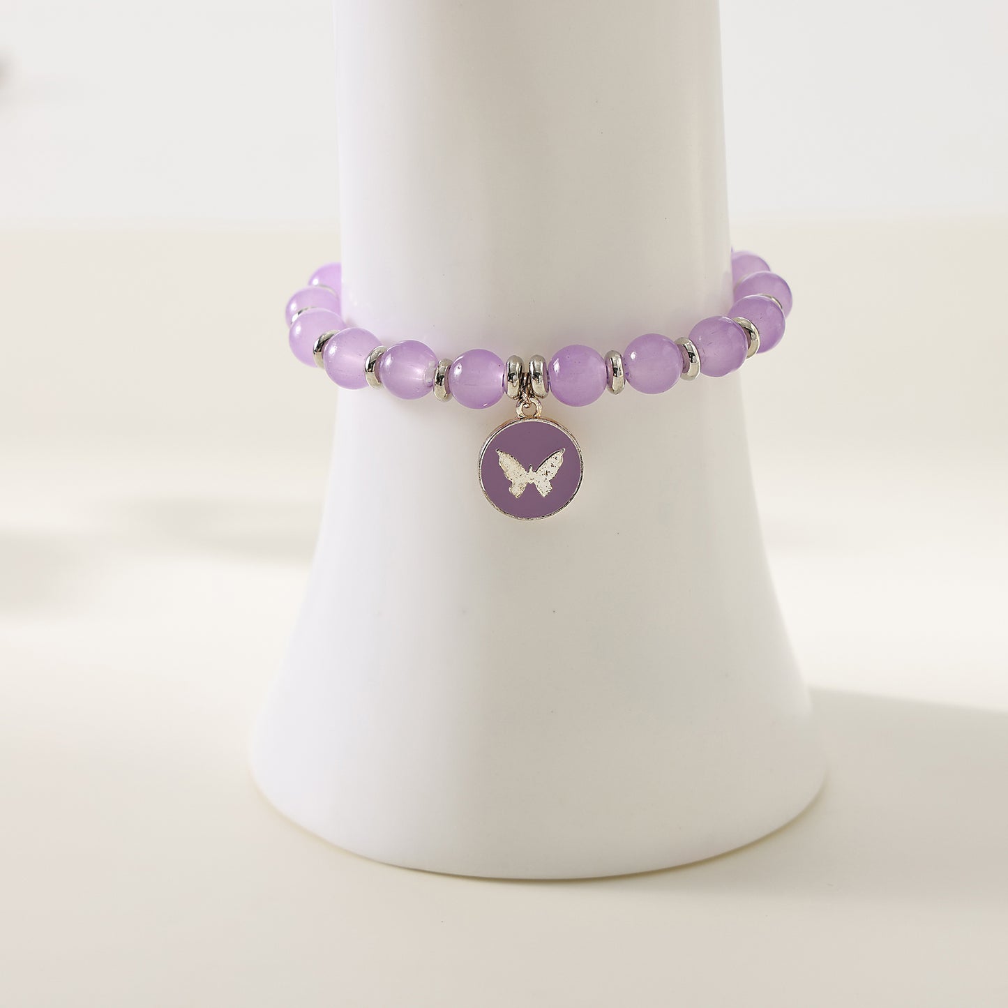 1 pc Bohemian Pastel Crystal Bracelet with Butterfly Charms for Women & Girls - Birthday, Mother's Day & Valentine's Day Gift (Pink, Lavender, White Variations)