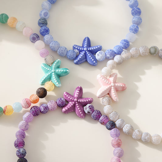 1 pc Bohemian Style Cracked Agate Elastic Bracelet Set with Ceramic Starfish Charms for Women & Girls - Summer Beach Jewelry & Gift (Assorted Colors)