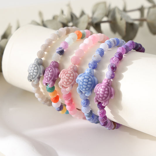 1 pc Bohemian Style Cracked Agate Beaded Bracelet with Ceramic Turtle Charms for Women & Girls - Summer Beach Jewelry & Gift (Assorted Colors)
