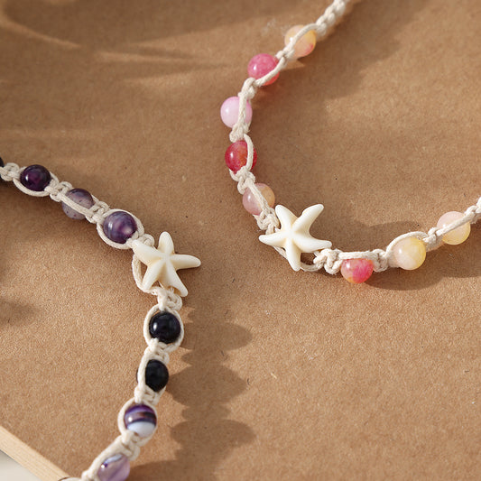 1 PC Bohemian Macramé Bracelet with Assorted Stone Beads & White Starfish Charm for Women & Girls - Summer Beach Jewelry & Gift (Adjustable Knot Design)