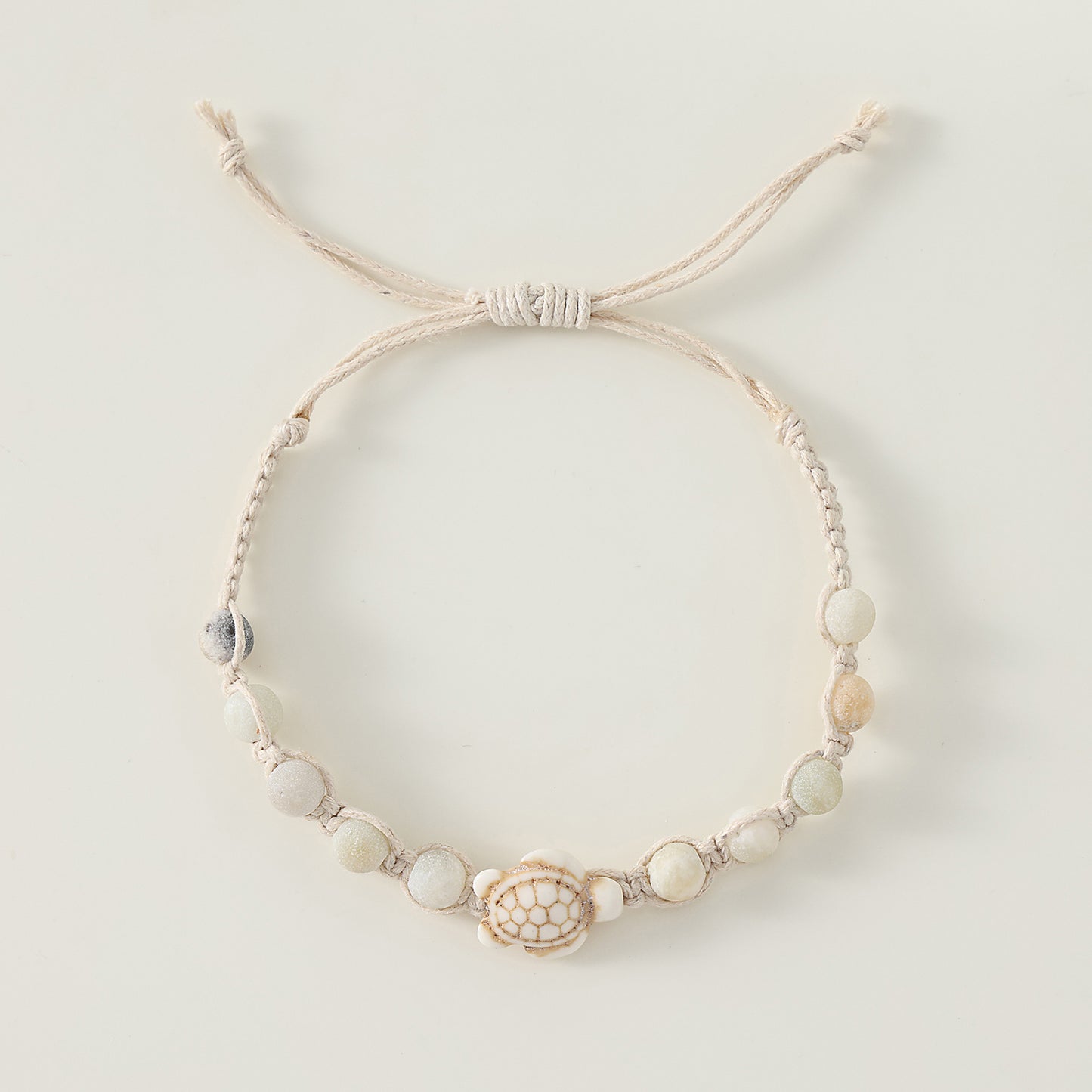 1 pc Bohemian Macramé Bracelet with Assorted Stone Beads & White Turtle Charm for Women & Girls - Summer Beach Jewelry & Gift (Adjustable Knot Design)