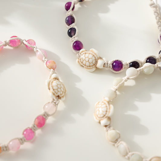 1 pc Bohemian Macramé Bracelet with Assorted Stone Beads & White Turtle Charm for Women & Girls - Summer Beach Jewelry & Gift (Adjustable Knot Design)