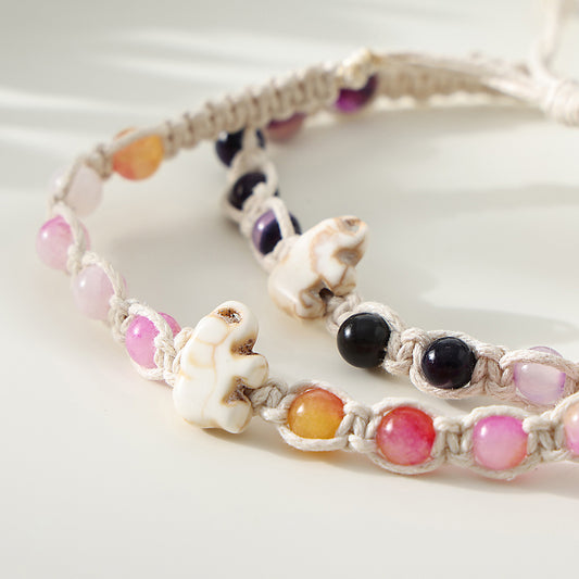 1 PC Bohemian Macramé Bracelet with White Elephant Charm & Assorted Gemstone Beads for Women & Girls - Summer Jewelry & Gift (Adjustable Cotton Cord Design)