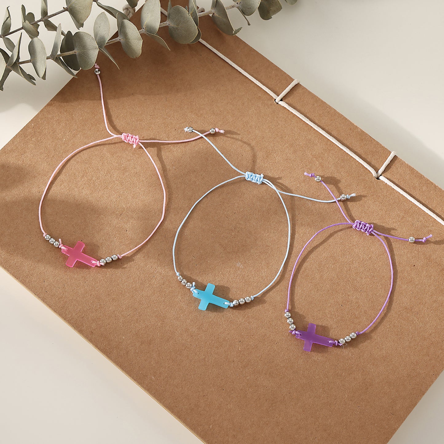 1 PC Bohemian Style Cross Bracelet Set with Silver Accents for Women & Girls - Easter, Birthday, Mother's Day & Everyday Jewelry Gift (Purple, Pink, Blue Variations)
