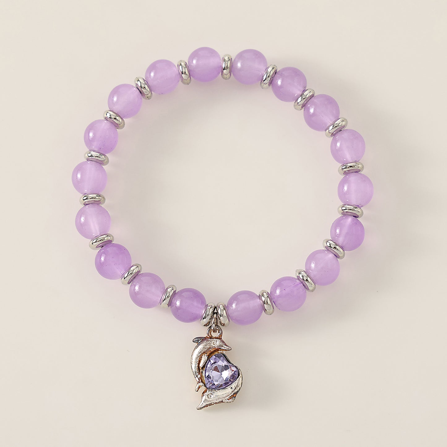 1 PC Bohemian Pastel Crystal Bracelet with Dolphin & Heart Charm for Women & Girls - Summer Jewelry Gift (3 Color Variations: Lavender, Pink, Blue)