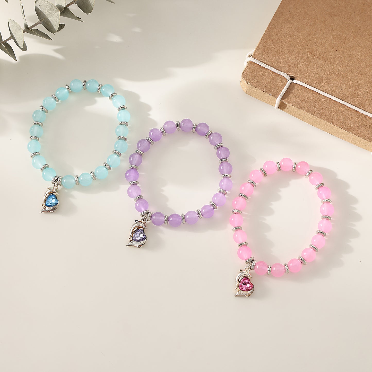 1 PC Bohemian Pastel Crystal Bracelet with Dolphin & Heart Charm for Women & Girls - Summer Jewelry Gift (3 Color Variations: Lavender, Pink, Blue)