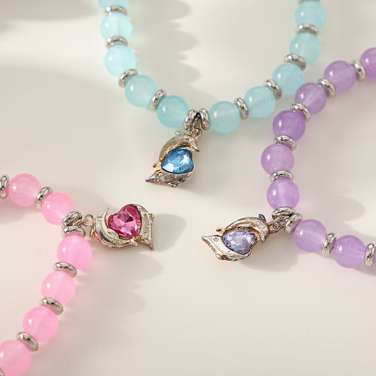 1 PC Bohemian Pastel Crystal Bracelet with Dolphin & Heart Charm for Women & Girls - Summer Jewelry Gift (3 Color Variations: Lavender, Pink, Blue)