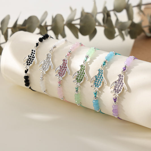 1 PC Bohemian Crystal Animal Bracelet with Silver-Tone Charms - Adjustable Beaded String Jewelry for Women & Girls (6 Color Variations: Purple, Blue, Pink, White, Black, Green)