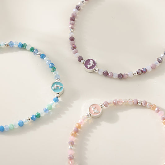 1PC Bohemian Style Adjustable Beaded Bracelet with Silver Dolphin Charm for Women & Girls - Summer Beach, Birthday, Valentine's Day & Everyday Jewelry Gift (3 Color Variations: Light Blue, Pink, Purple)