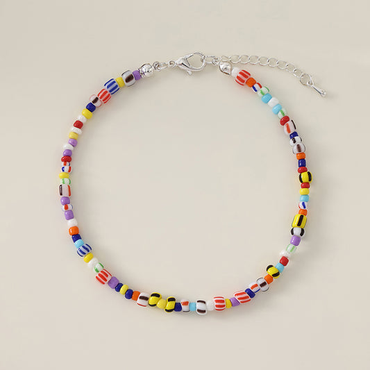 1 pc Bohemian Style Multicolor Glass Beaded Anklet with Silver Lobster Clasp for Women & Girls - Summer Beach Jewelry & Vacation Accessories