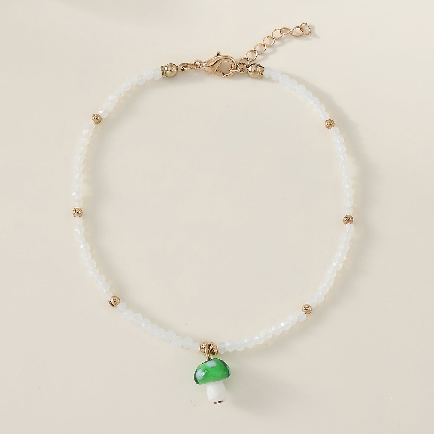 1 Piece Bohemian Style Glass Mushroom Beaded Anklet with Gold Lobster Clasp for Women & Girls - Summer Beach Jewelry & Gift (Green/Blue/Black/Red)
