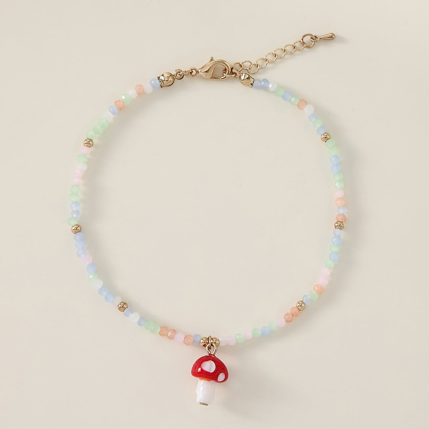1 Piece Bohemian Style Glass Mushroom Beaded Anklet with Gold Lobster Clasp for Women & Girls - Summer Beach Jewelry & Gift (Green/Blue/Black/Red)