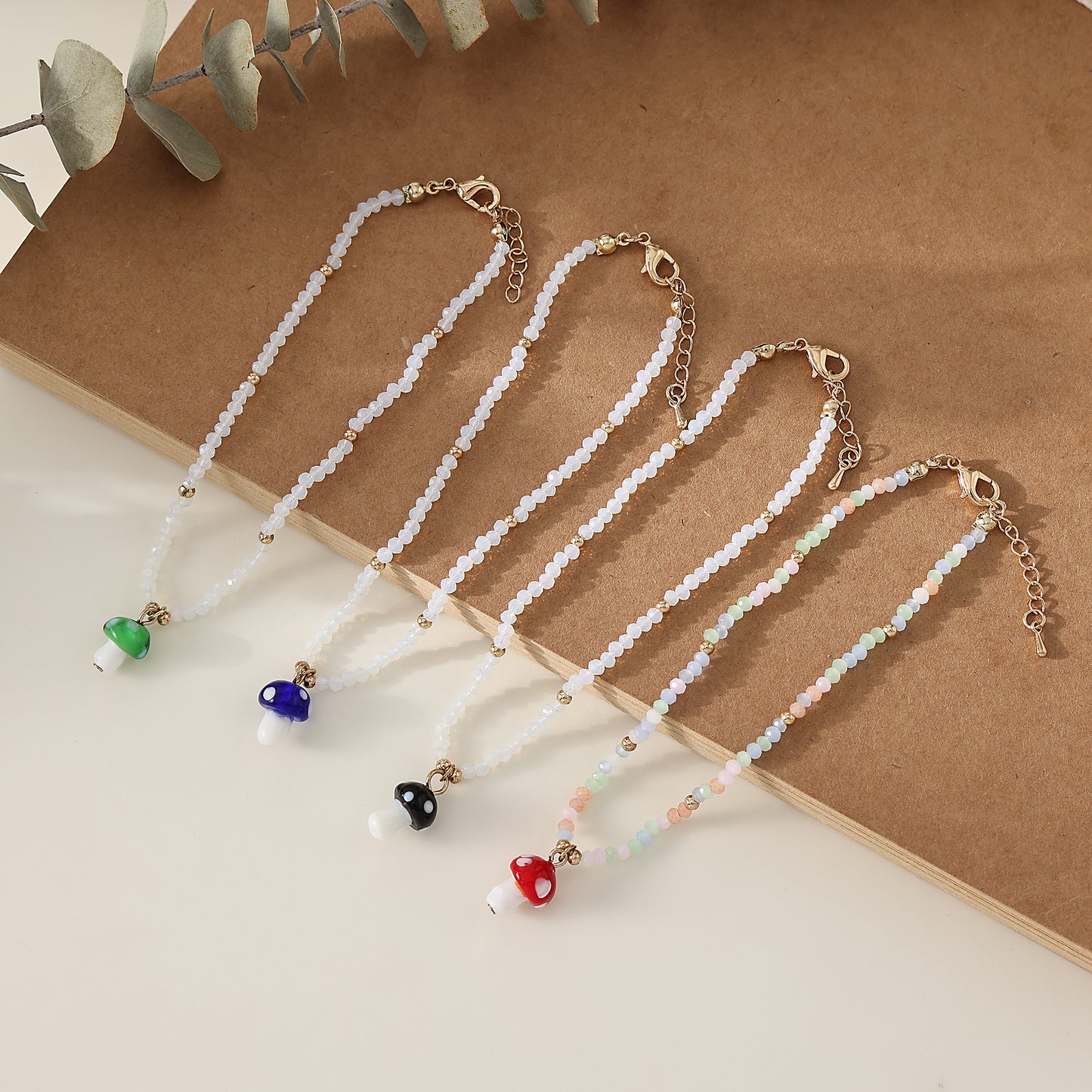 1 Piece Bohemian Style Glass Mushroom Beaded Anklet with Gold Lobster Clasp for Women & Girls - Summer Beach Jewelry & Gift (Green/Blue/Black/Red)