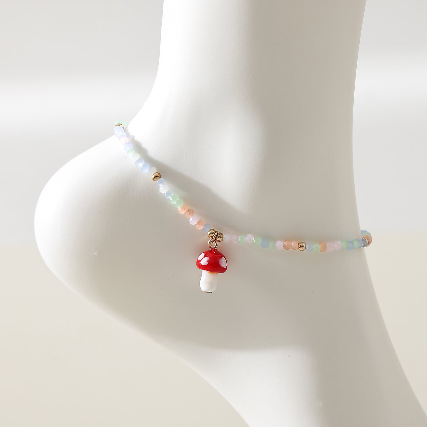 1 Piece Bohemian Style Glass Mushroom Beaded Anklet with Gold Lobster Clasp for Women & Girls - Summer Beach Jewelry & Gift (Green/Blue/Black/Red)