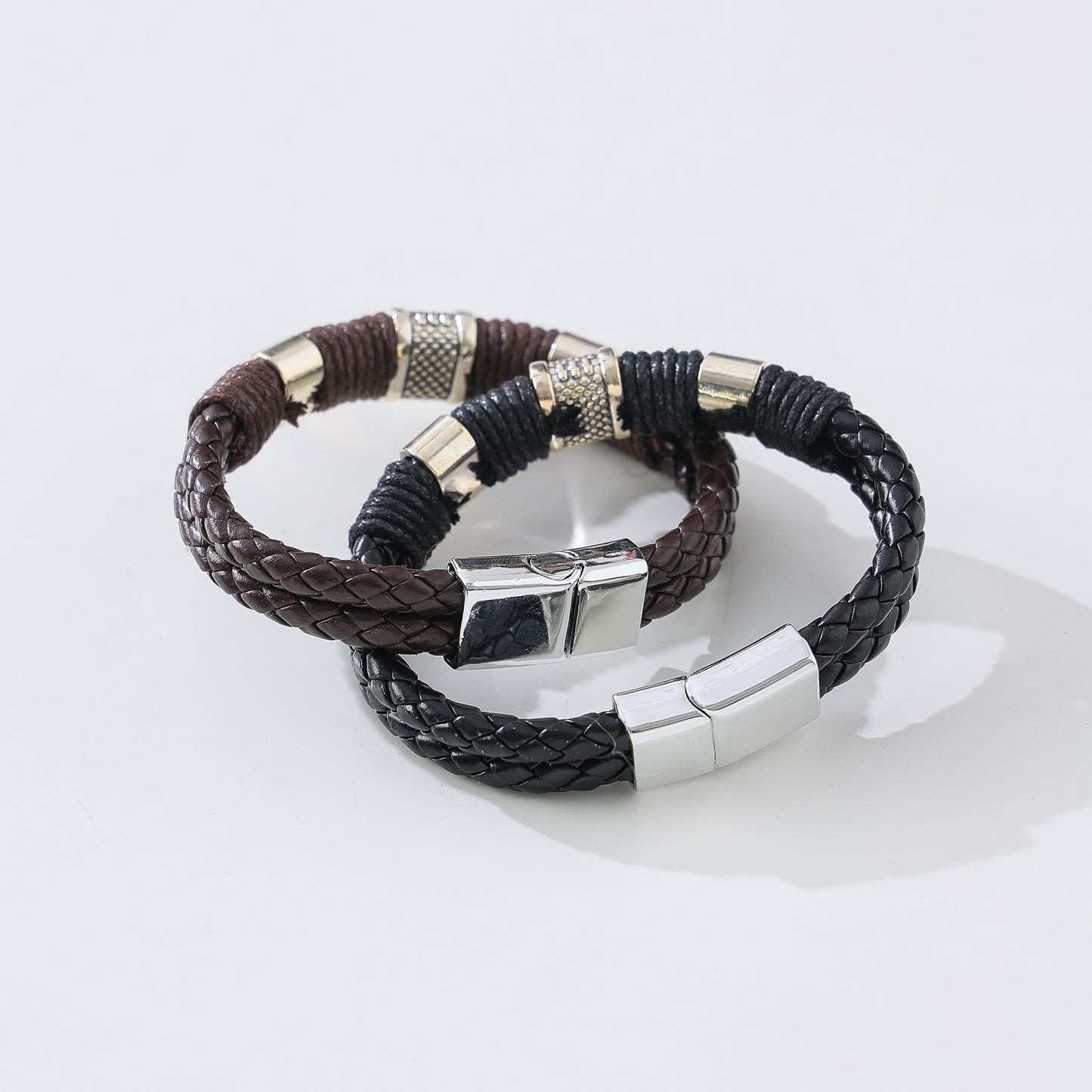 Men's Heavy - Duty Braided Leather Bracelet with Chunky Silvery Clasp, Durable and Stylish Accessory for Casual or Formal Wear