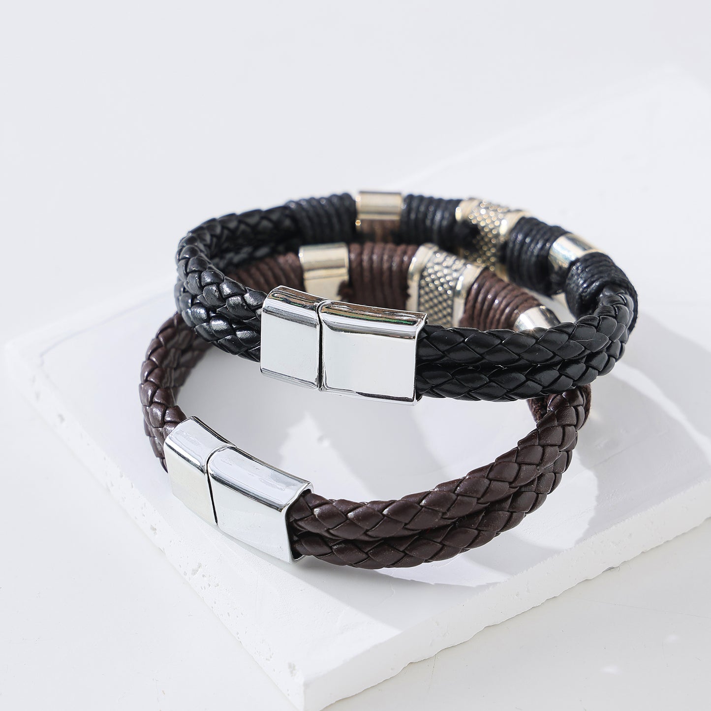 Men's Heavy - Duty Braided Leather Bracelet with Chunky Silvery Clasp, Durable and Stylish Accessory for Casual or Formal Wear