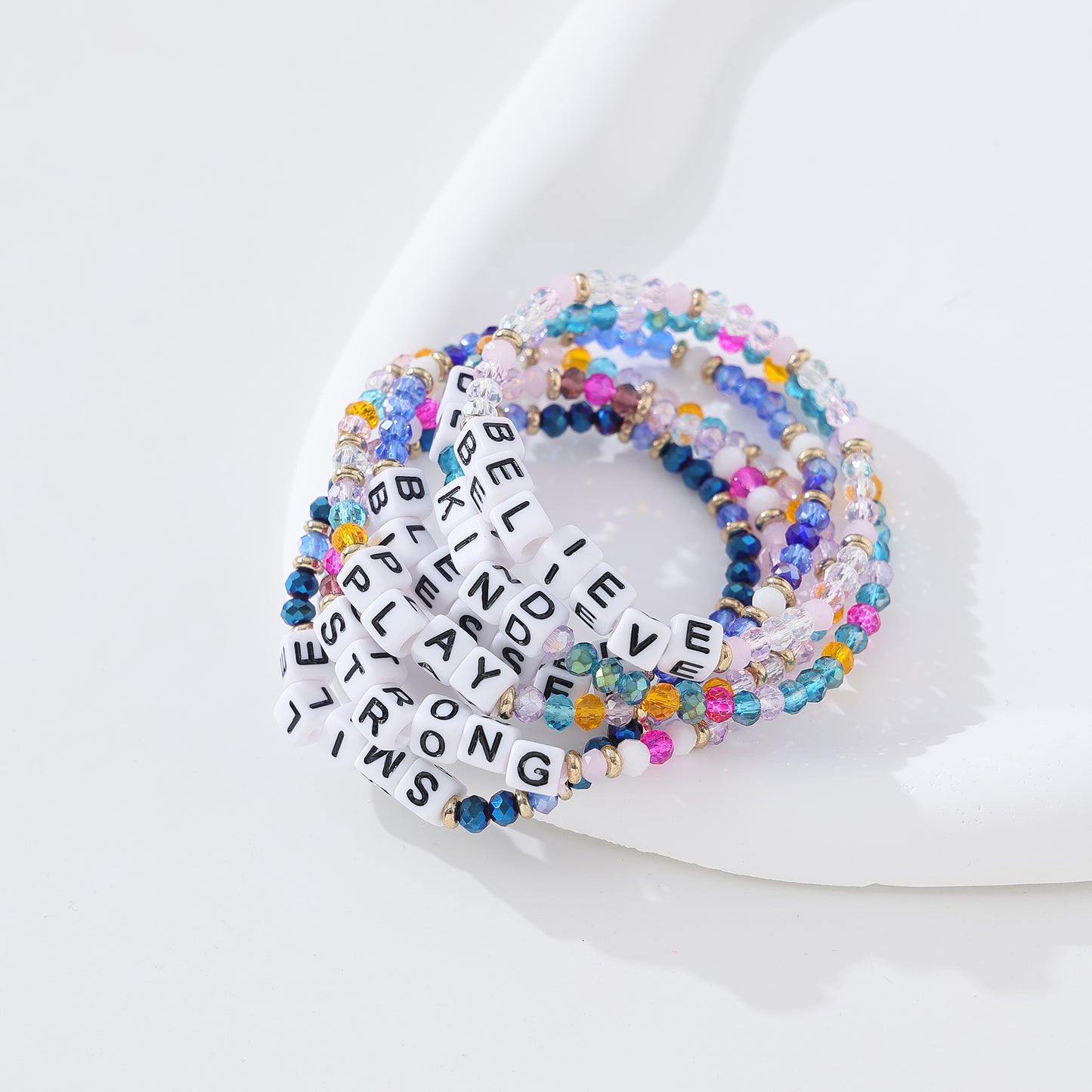 Assorted Inspirational Crystal Beaded Bracelets with Motivational Words - Adjustable Stretch Design for Women & Teens, Handcrafted Jewelry with Positive Affirmations