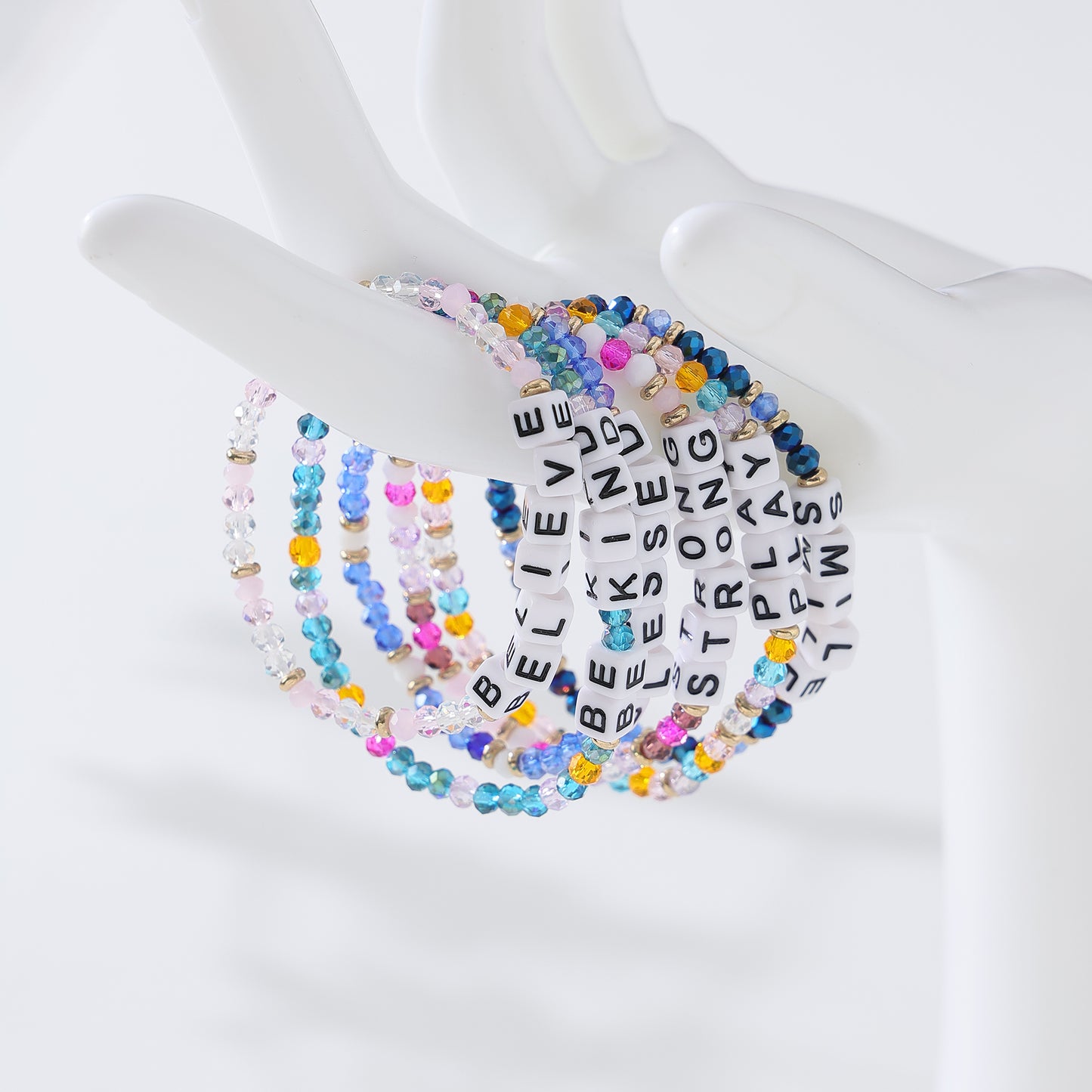 Assorted Inspirational Crystal Beaded Bracelets with Motivational Words - Adjustable Stretch Design for Women & Teens, Handcrafted Jewelry with Positive Affirmations