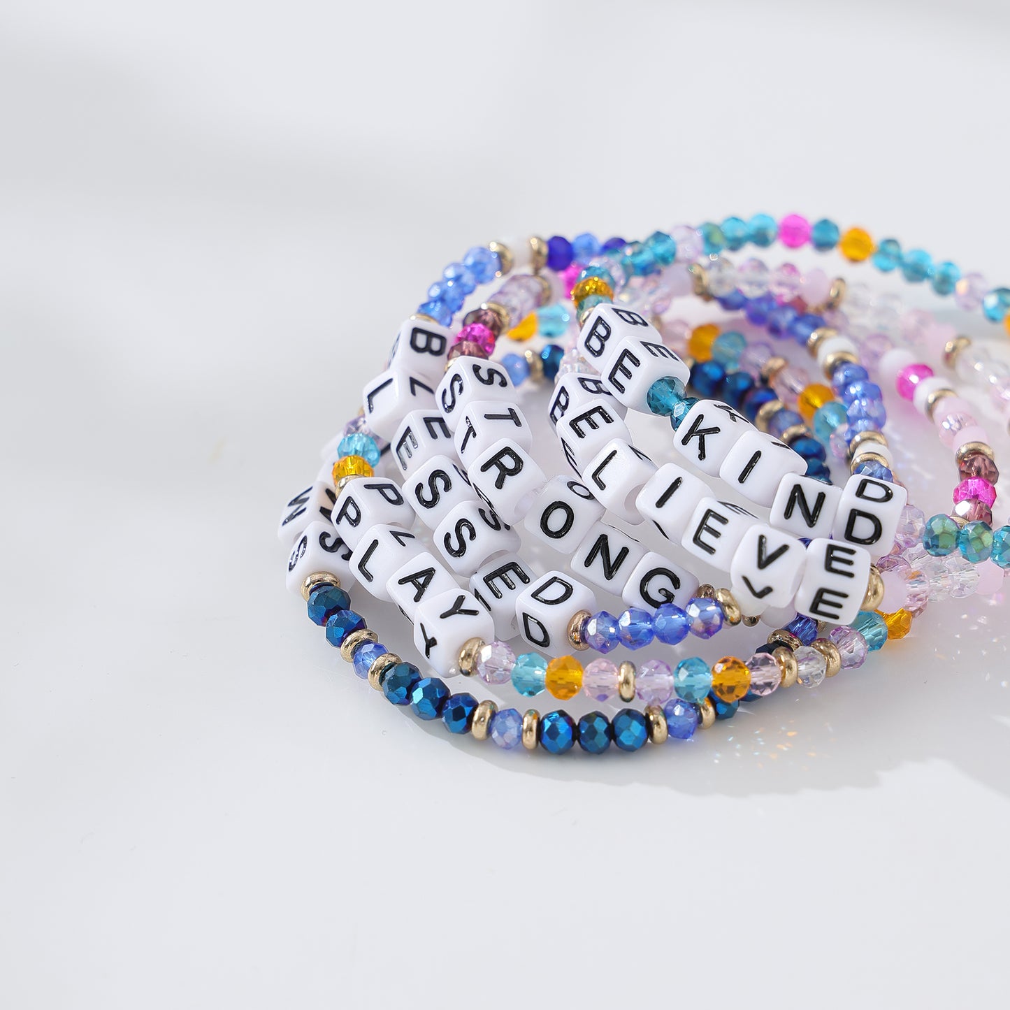 Assorted Inspirational Crystal Beaded Bracelets with Motivational Words - Adjustable Stretch Design for Women & Teens, Handcrafted Jewelry with Positive Affirmations