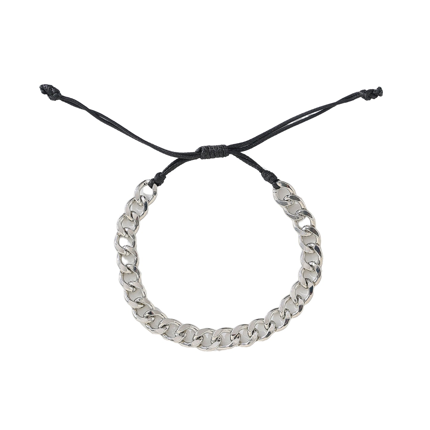Assorted Chain Link Bracelets with Adjustable Black Strings - Matte Black, Iridescent Silver & Polished Silver Chains - Minimalist Jewelry for Men & Women