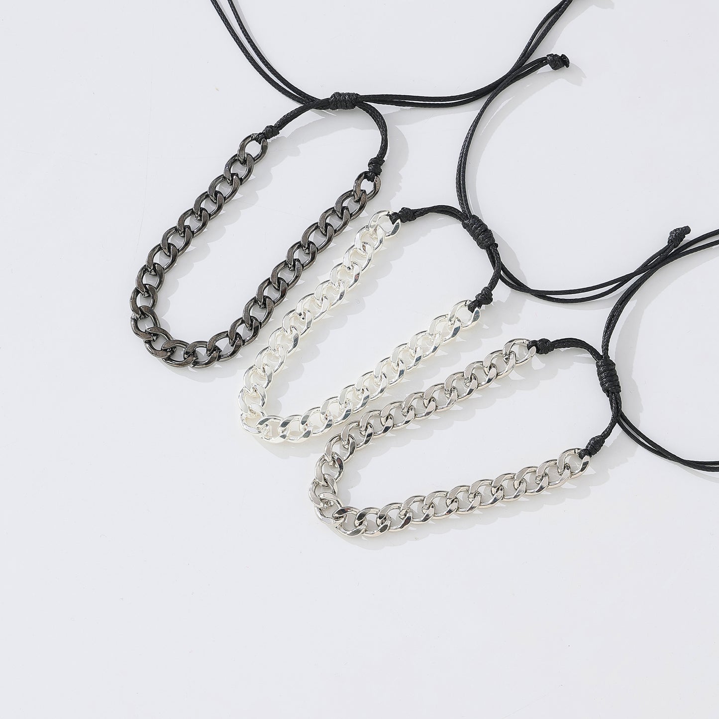 Assorted Chain Link Bracelets with Adjustable Black Strings - Matte Black, Iridescent Silver & Polished Silver Chains - Minimalist Jewelry for Men & Women