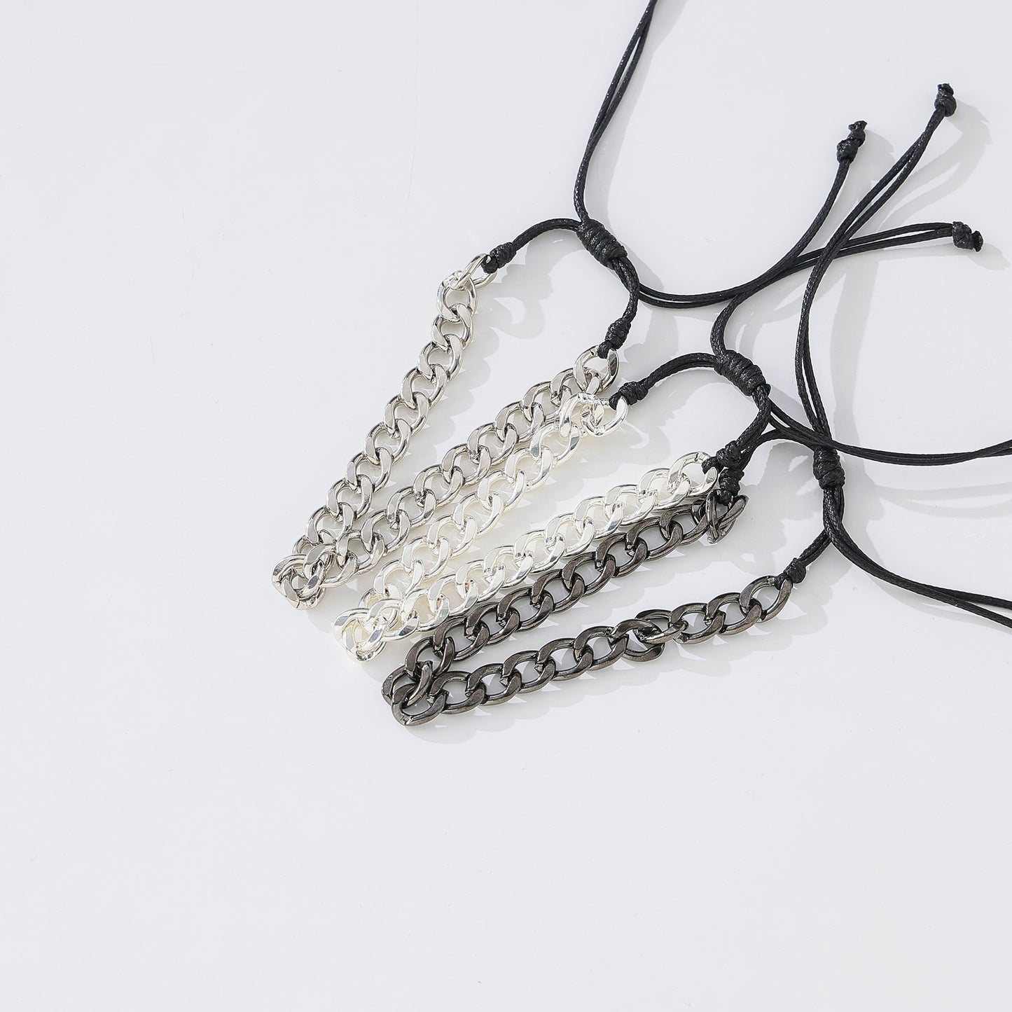 Assorted Chain Link Bracelets with Adjustable Black Strings - Matte Black, Iridescent Silver & Polished Silver Chains - Minimalist Jewelry for Men & Women