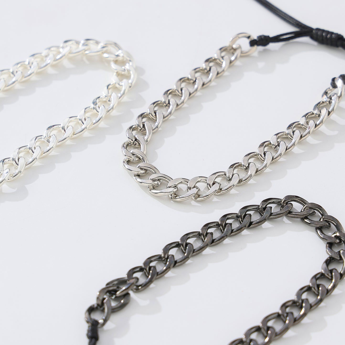 Assorted Chain Link Bracelets with Adjustable Black Strings - Matte Black, Iridescent Silver & Polished Silver Chains - Minimalist Jewelry for Men & Women