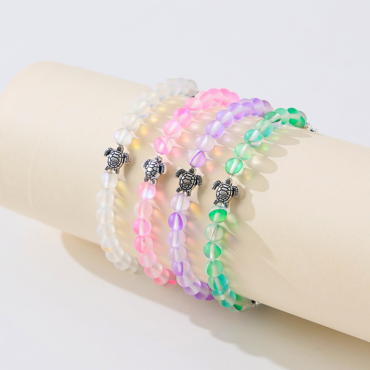 Charming Iridescent Beaded Bracelets with Silvery-Tone Turtle Charms for Women and Teens