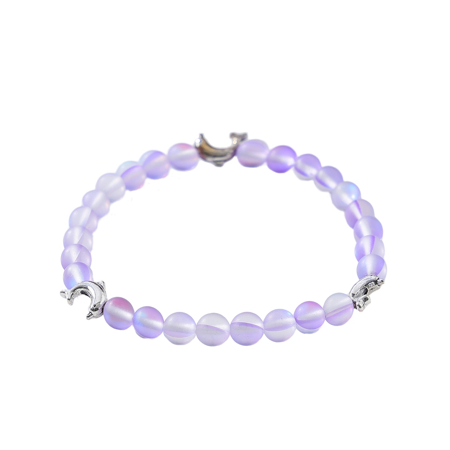 Ethereal Iridescent Beaded Bracelet with Silver Dolphin Charms - Stretchy Elastic Design for Women & Teens, Multicolor Gradient Hues