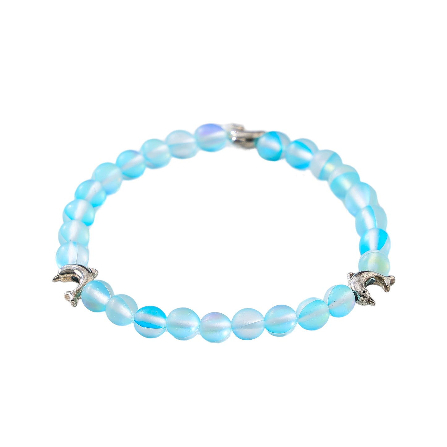 Ethereal Iridescent Beaded Bracelet with Silver Dolphin Charms - Stretchy Elastic Design for Women & Teens, Multicolor Gradient Hues