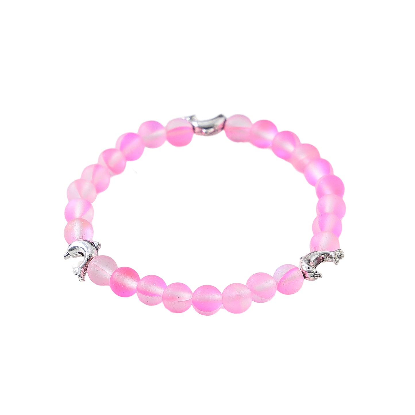 Ethereal Iridescent Beaded Bracelet with Silver Dolphin Charms - Stretchy Elastic Design for Women & Teens, Multicolor Gradient Hues