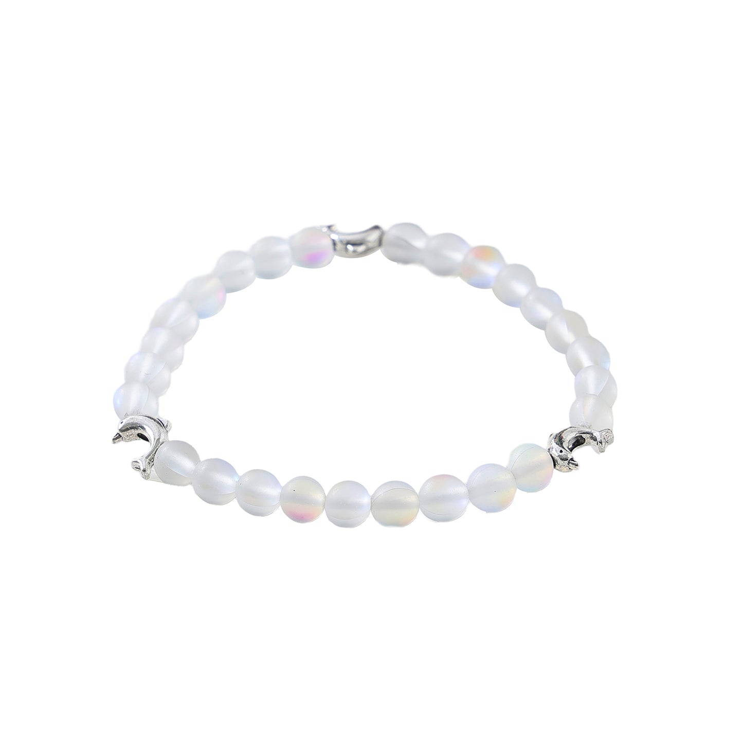 Ethereal Iridescent Beaded Bracelet with Silver Dolphin Charms - Stretchy Elastic Design for Women & Teens, Multicolor Gradient Hues