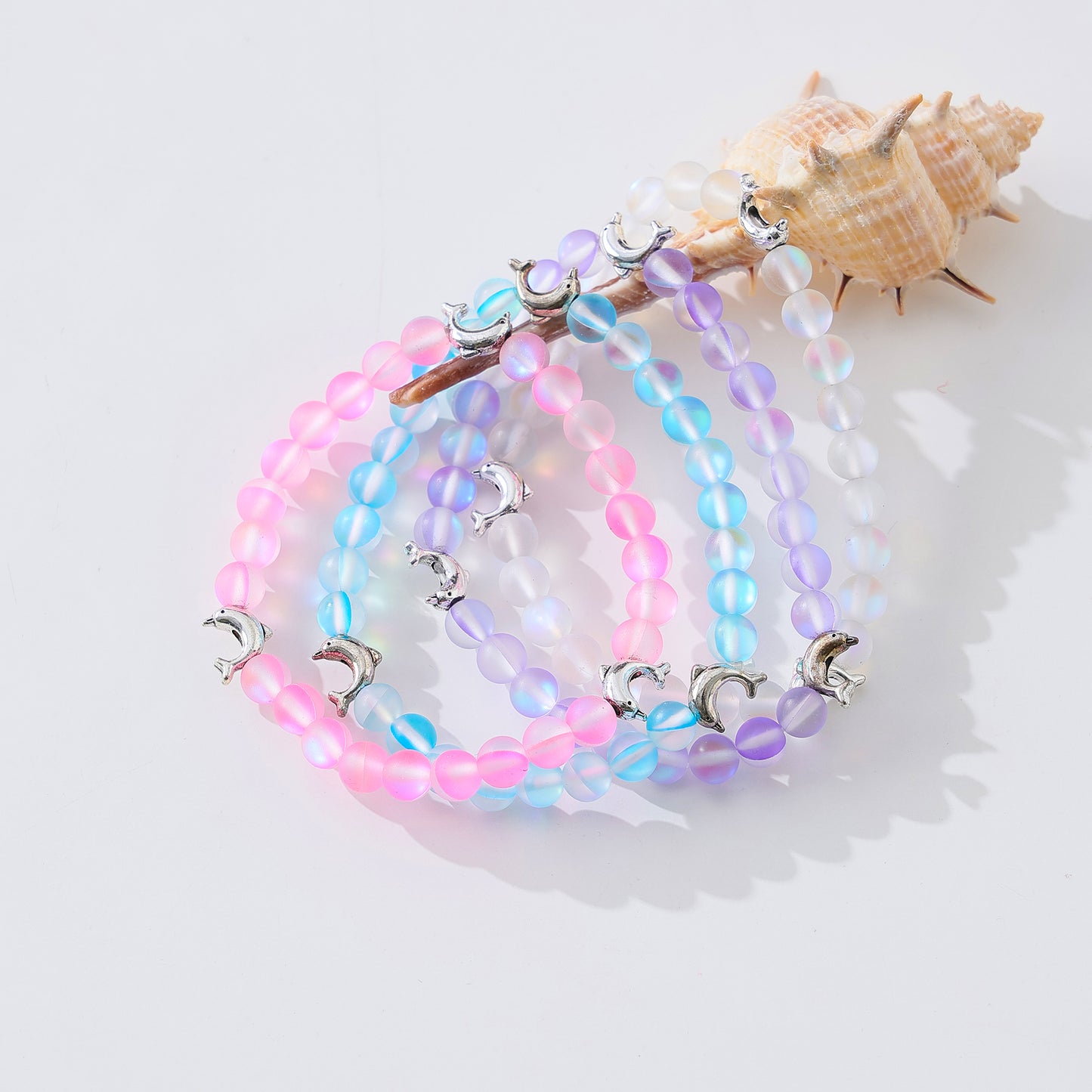 Ethereal Iridescent Beaded Bracelet with Silver Dolphin Charms - Stretchy Elastic Design for Women & Teens, Multicolor Gradient Hues