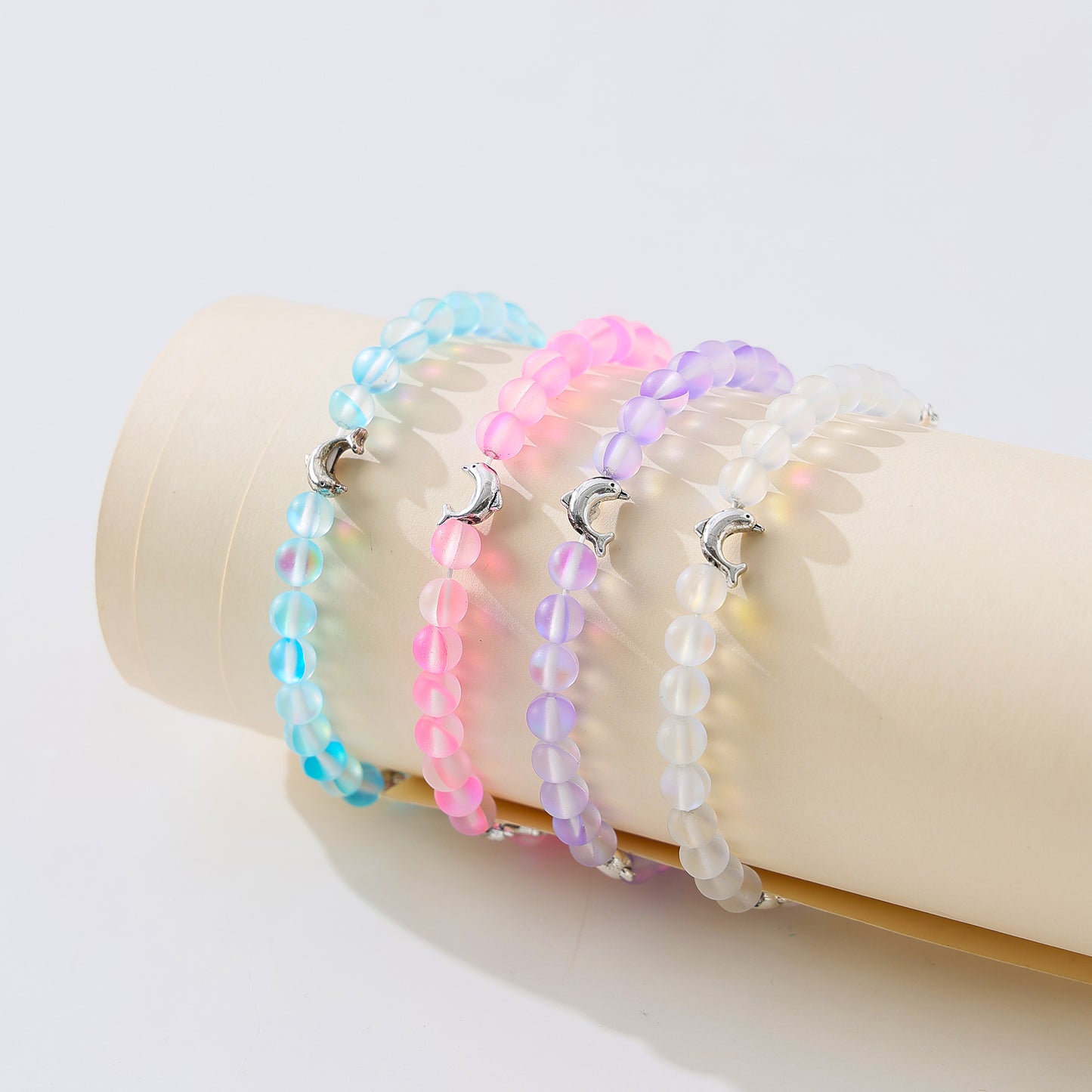 Ethereal Iridescent Beaded Bracelet with Silver Dolphin Charms - Stretchy Elastic Design for Women & Teens, Multicolor Gradient Hues