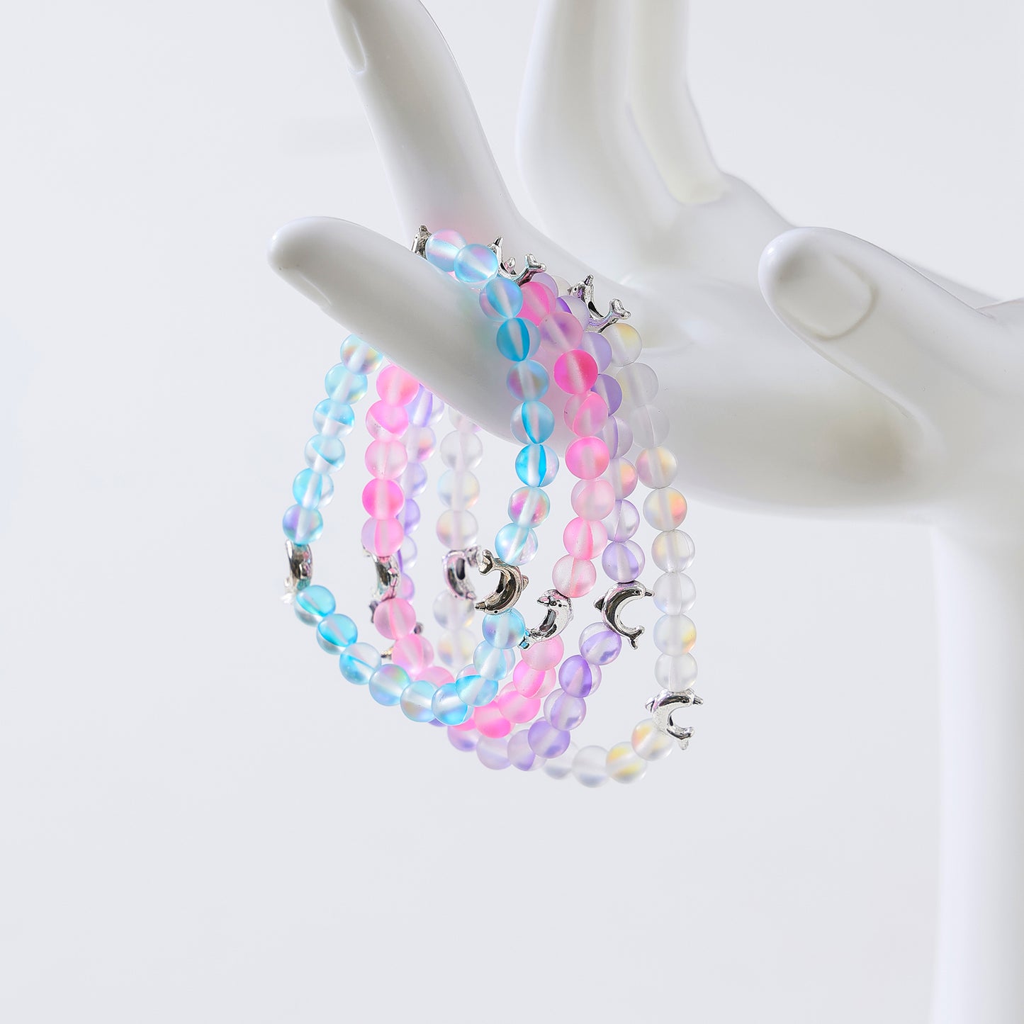 Ethereal Iridescent Beaded Bracelet with Silver Dolphin Charms - Stretchy Elastic Design for Women & Teens, Multicolor Gradient Hues