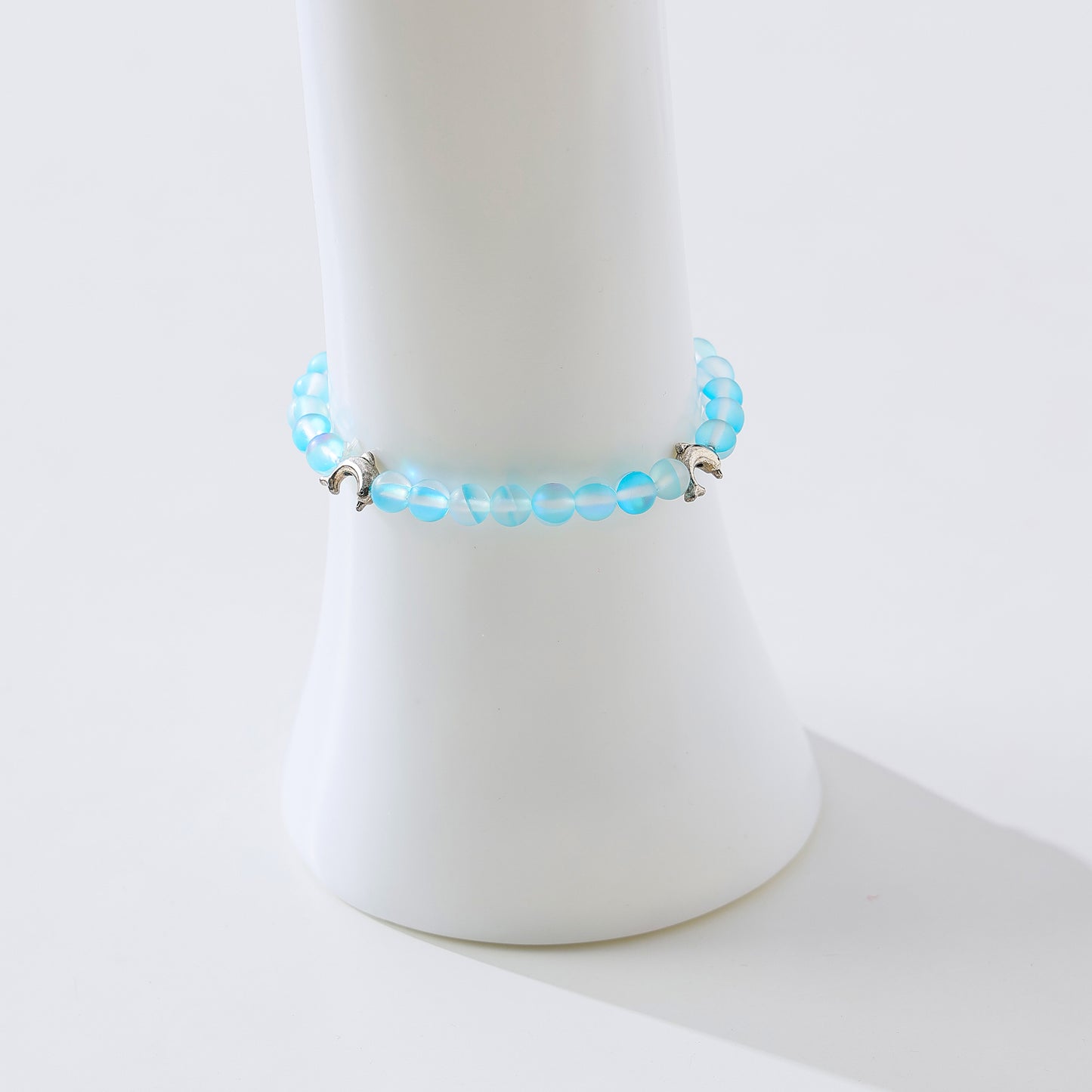 Ethereal Iridescent Beaded Bracelet with Silver Dolphin Charms - Stretchy Elastic Design for Women & Teens, Multicolor Gradient Hues
