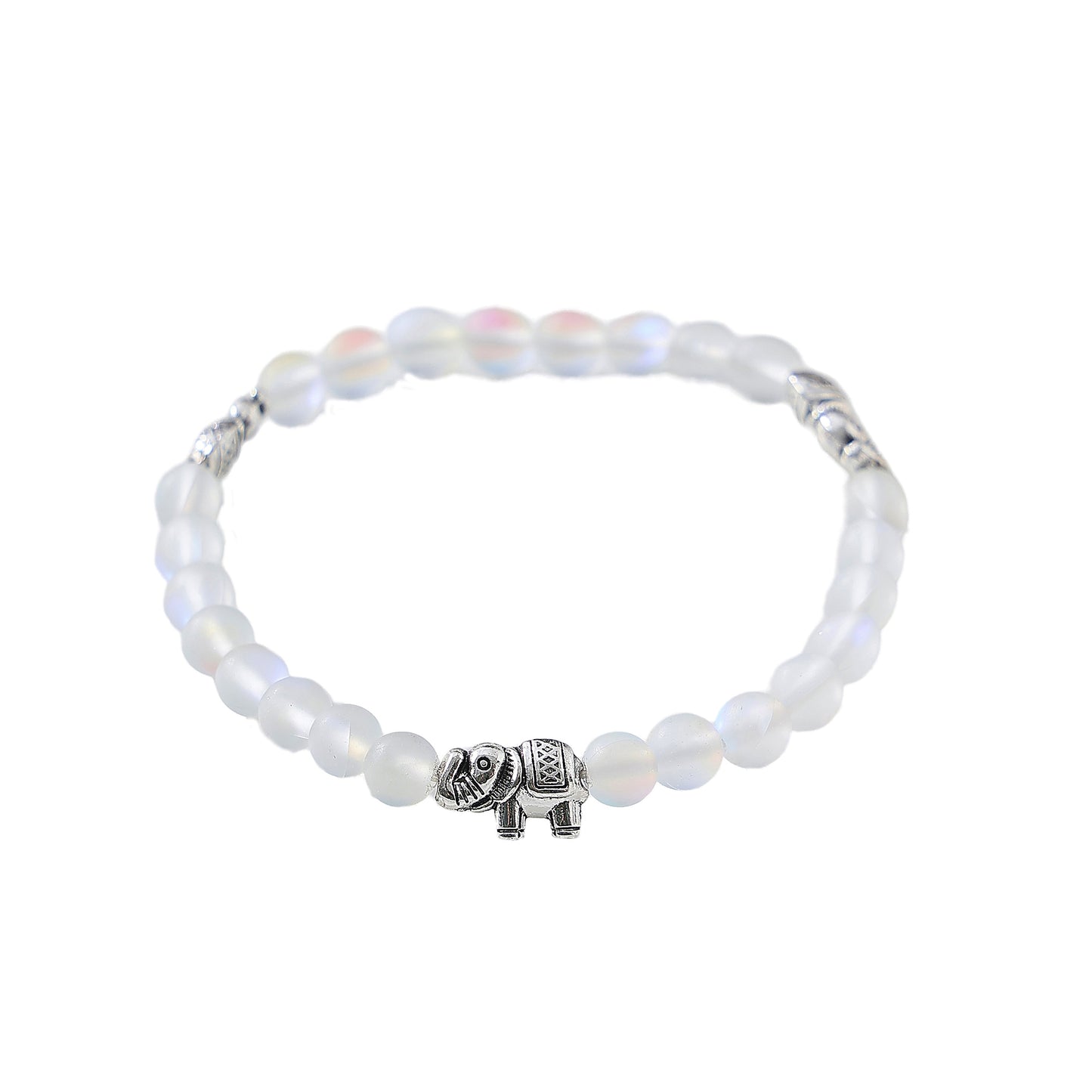 Stylish Assorted Iridescent Beaded Bracelets with Silvery Elephant Charms - Elastic Stretch Design for Women & Teens, Boho & Gift - Ready Jewelry
