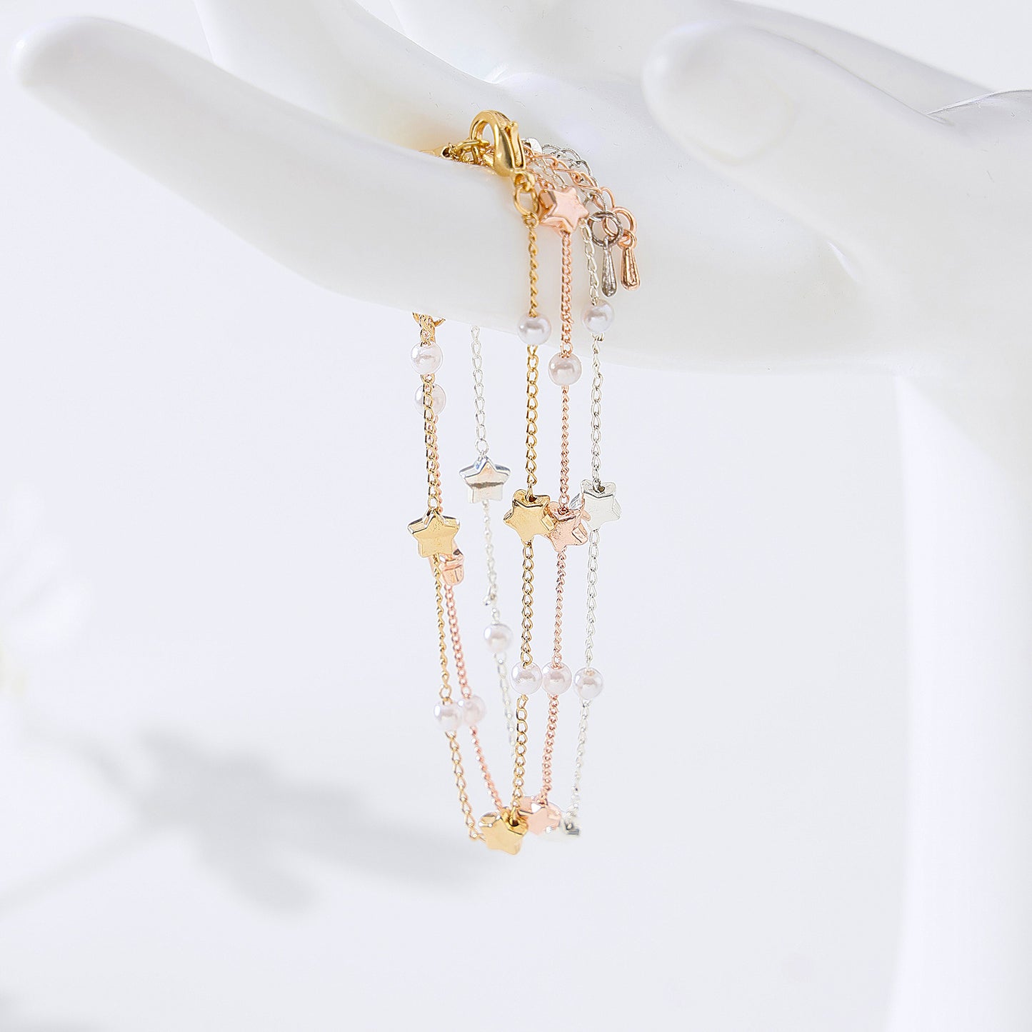 Enchanting Silvery, Golden, and Rose Golden Pearl & Star Charm Bracelets for Women - Perfect for Any Occasion