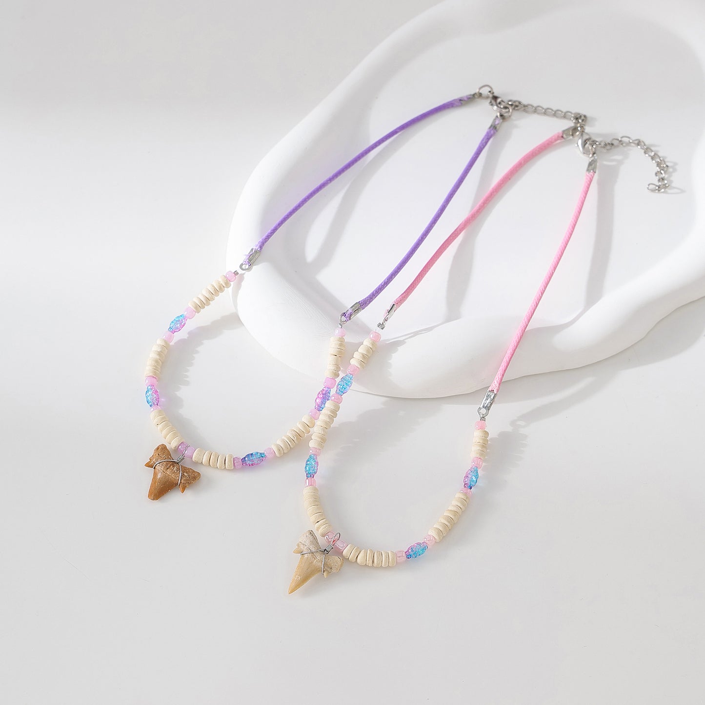 Exquisite Shark Tooth Beaded Necklace with Pastel Accents - Beach - Inspired Statement Jewelry