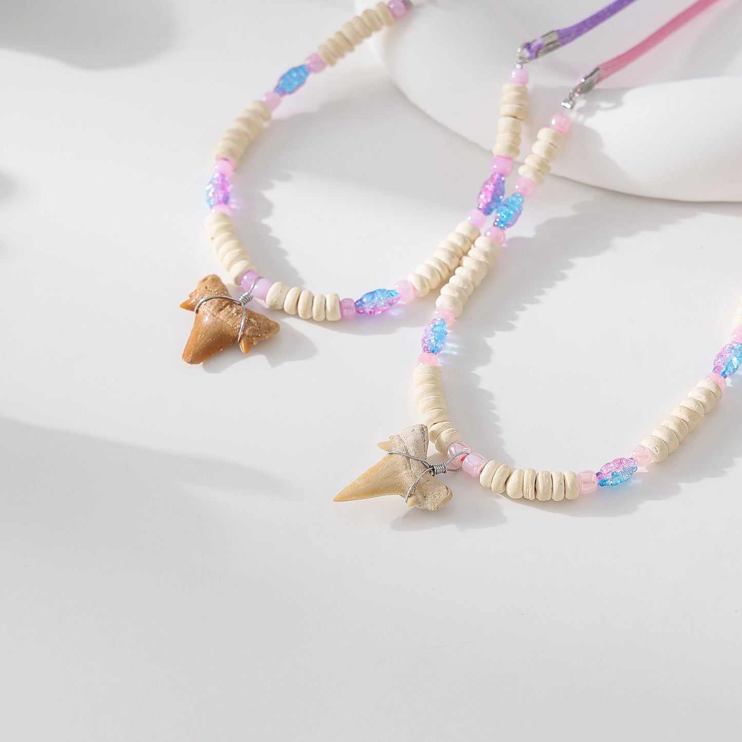 Exquisite Shark Tooth Beaded Necklace with Pastel Accents - Beach - Inspired Statement Jewelry