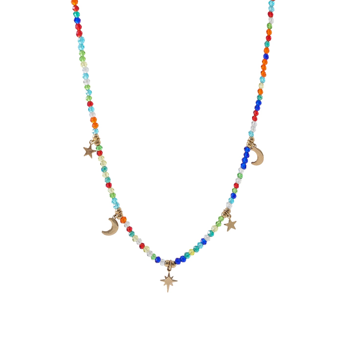 Enchanting 4 - Strand Assorted Bead Necklace with Dainty Moon and Star Charms