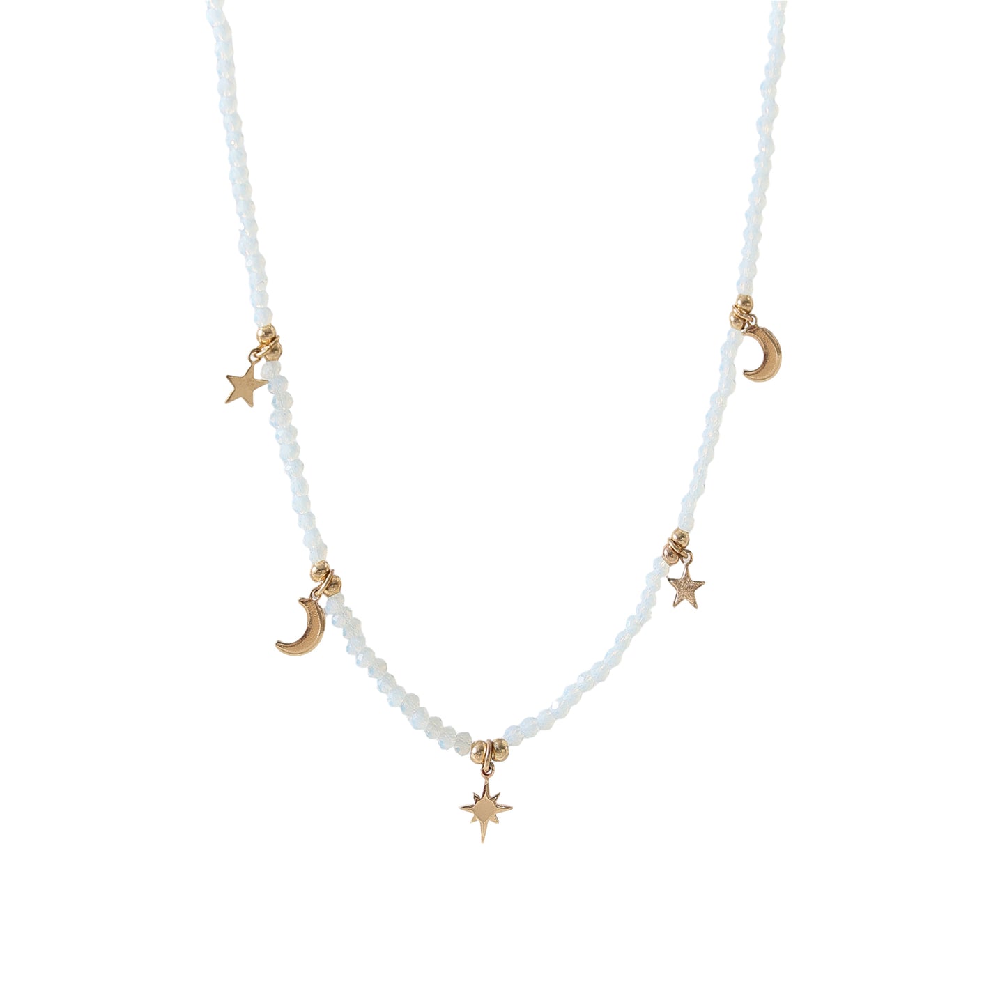 Enchanting 4 - Strand Assorted Bead Necklace with Dainty Moon and Star Charms