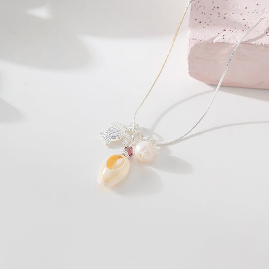 Charming Cowrie Shell, Silver Turtle & Pearl Necklace - Boho Coastal Style Jewelry
