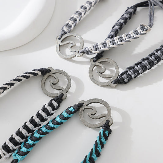 Boho - Chic Pewter Wave Macrame Bracelet: Hand-Woven Ocean-Inspired Jewelry for Men and Women