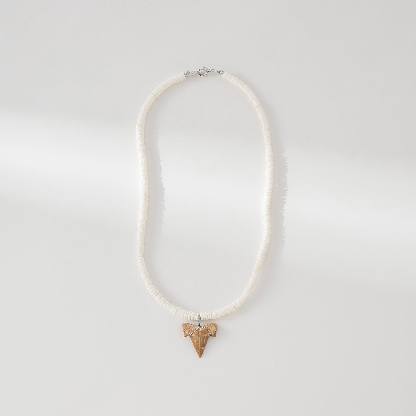 Exquisite White Rounded Shell Necklace with Fossilized Shark Tooth Pendant - Beachy Boho Style Jewelry