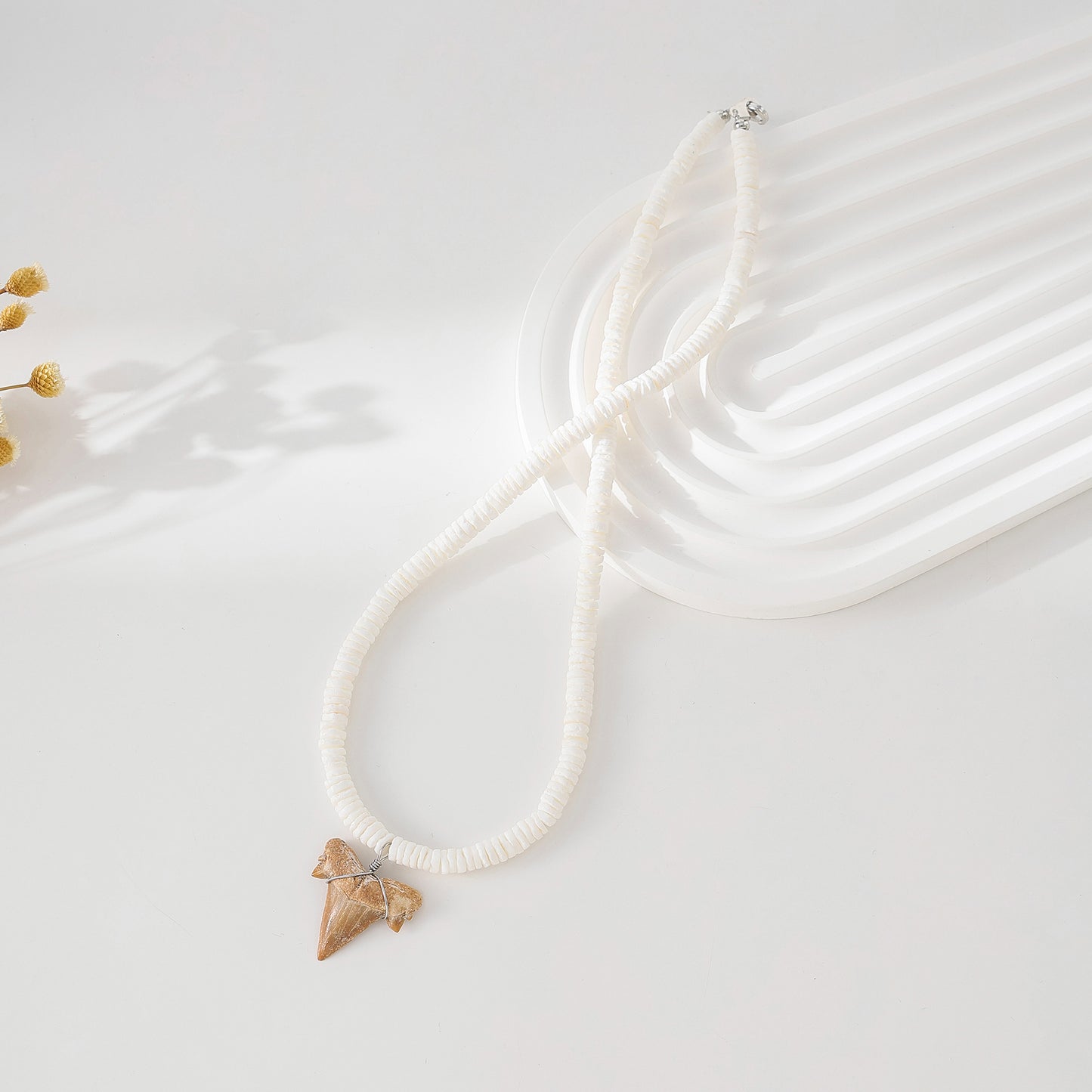 Exquisite White Rounded Shell Necklace with Fossilized Shark Tooth Pendant - Beachy Boho Style Jewelry