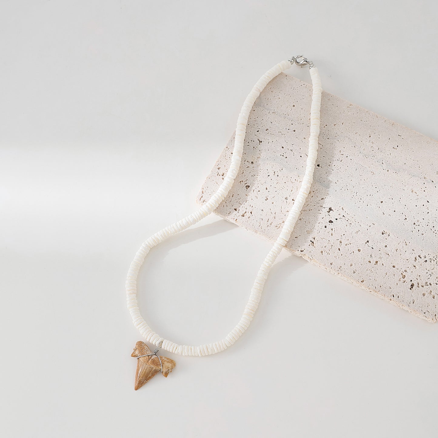 Exquisite White Rounded Shell Necklace with Fossilized Shark Tooth Pendant - Beachy Boho Style Jewelry